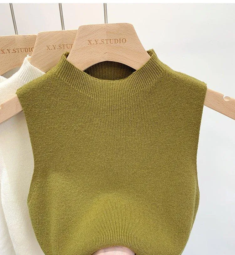 Knitted sweater vest half turtleneck camisole mid-neck sleeveless top