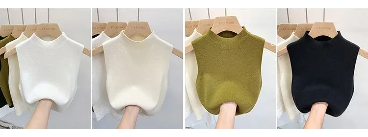 Knitted sweater vest half turtleneck camisole mid-neck sleeveless top