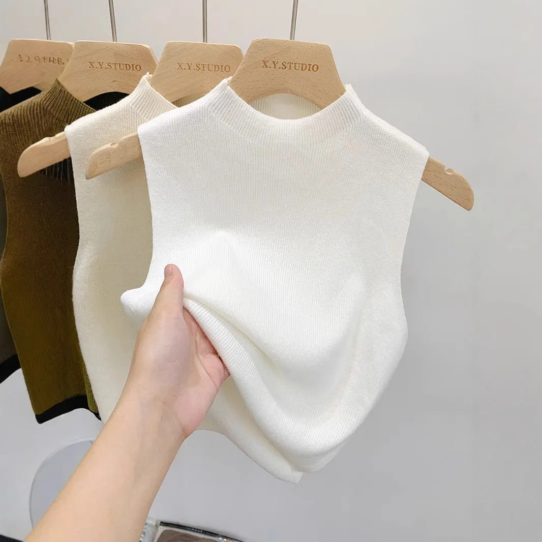 Knitted sweater vest half turtleneck camisole mid-neck sleeveless top
