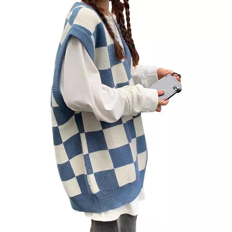 Lanfubeisi fall outfits black women Autumn and Winter Preppy Style All-Match Chessboard Plaid Sweater Vest Female Students Korean Style Loose Sleeveless Vest Knitted Outer Wear