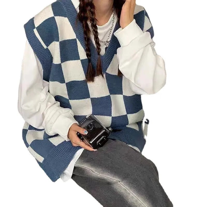 Lanfubeisi fall outfits black women Autumn and Winter Preppy Style All-Match Chessboard Plaid Sweater Vest Female Students Korean Style Loose Sleeveless Vest Knitted Outer Wear