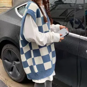Lanfubeisi fall outfits black women Autumn and Winter Preppy Style All-Match Chessboard Plaid Sweater Vest Female Students Korean Style Loose Sleeveless Vest Knitted Outer Wear