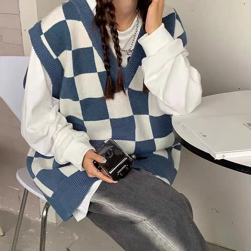 Lanfubeisi fall outfits black women Autumn and Winter Preppy Style All-Match Chessboard Plaid Sweater Vest Female Students Korean Style Loose Sleeveless Vest Knitted Outer Wear