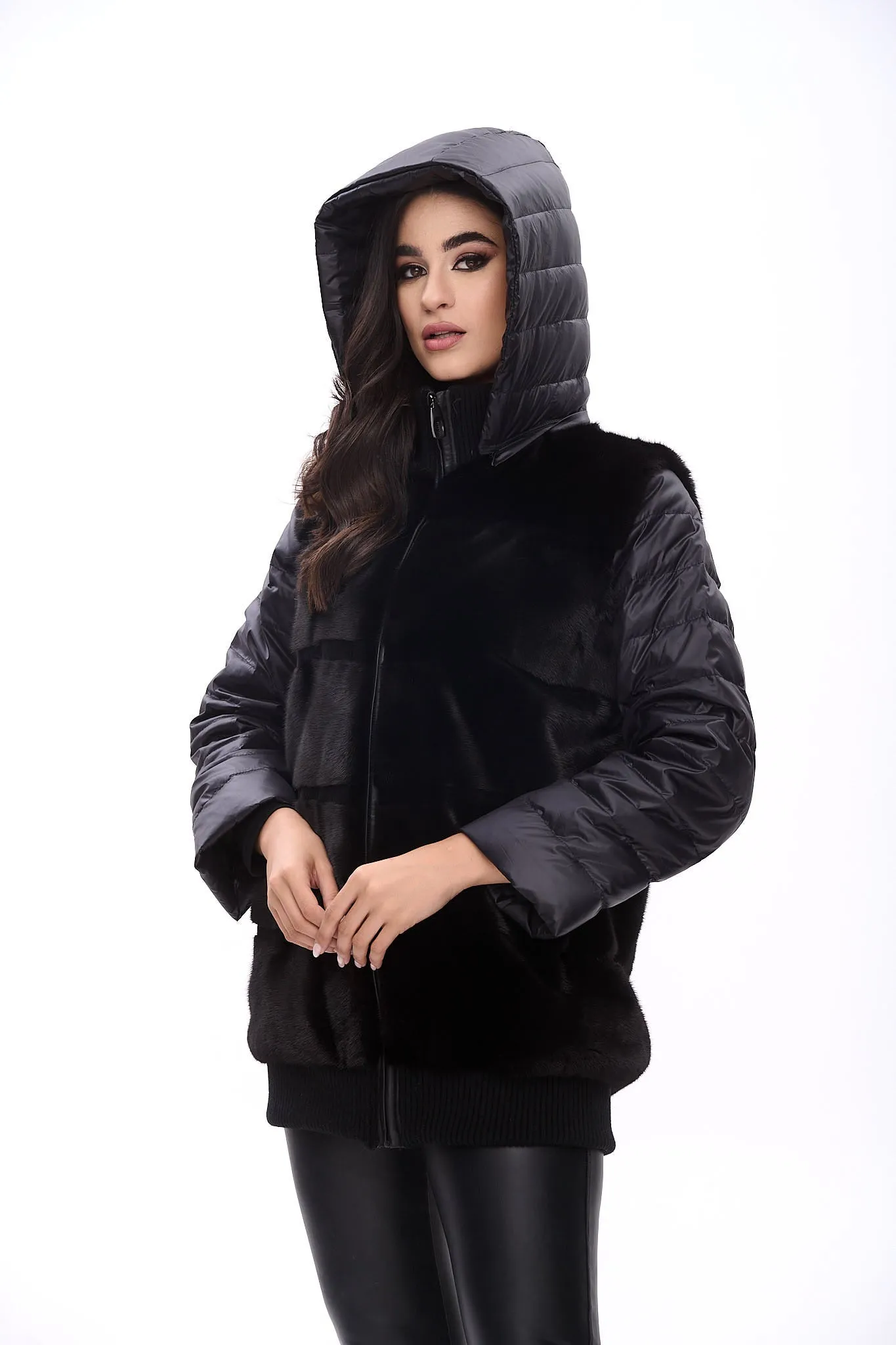 Long down bomber jacket with mink