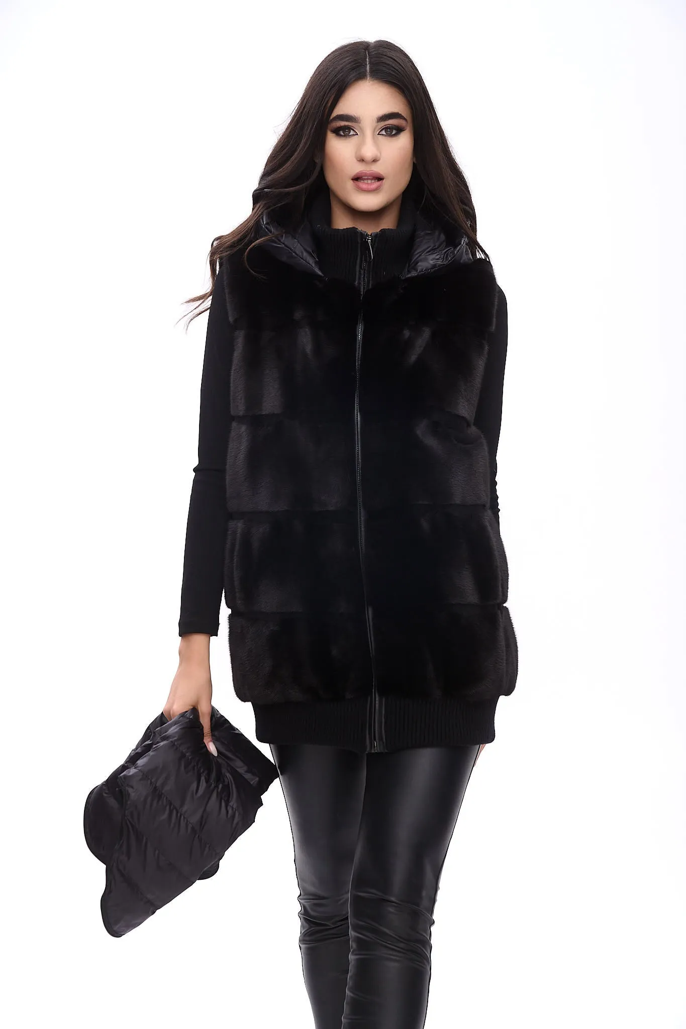 Long down bomber jacket with mink