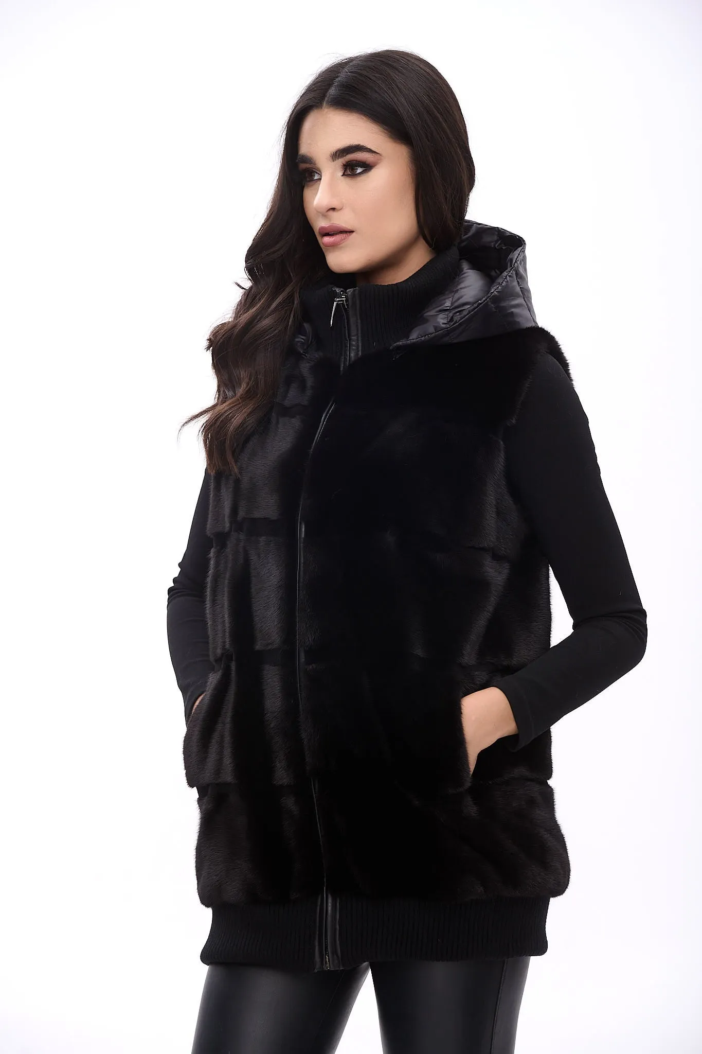 Long down bomber jacket with mink