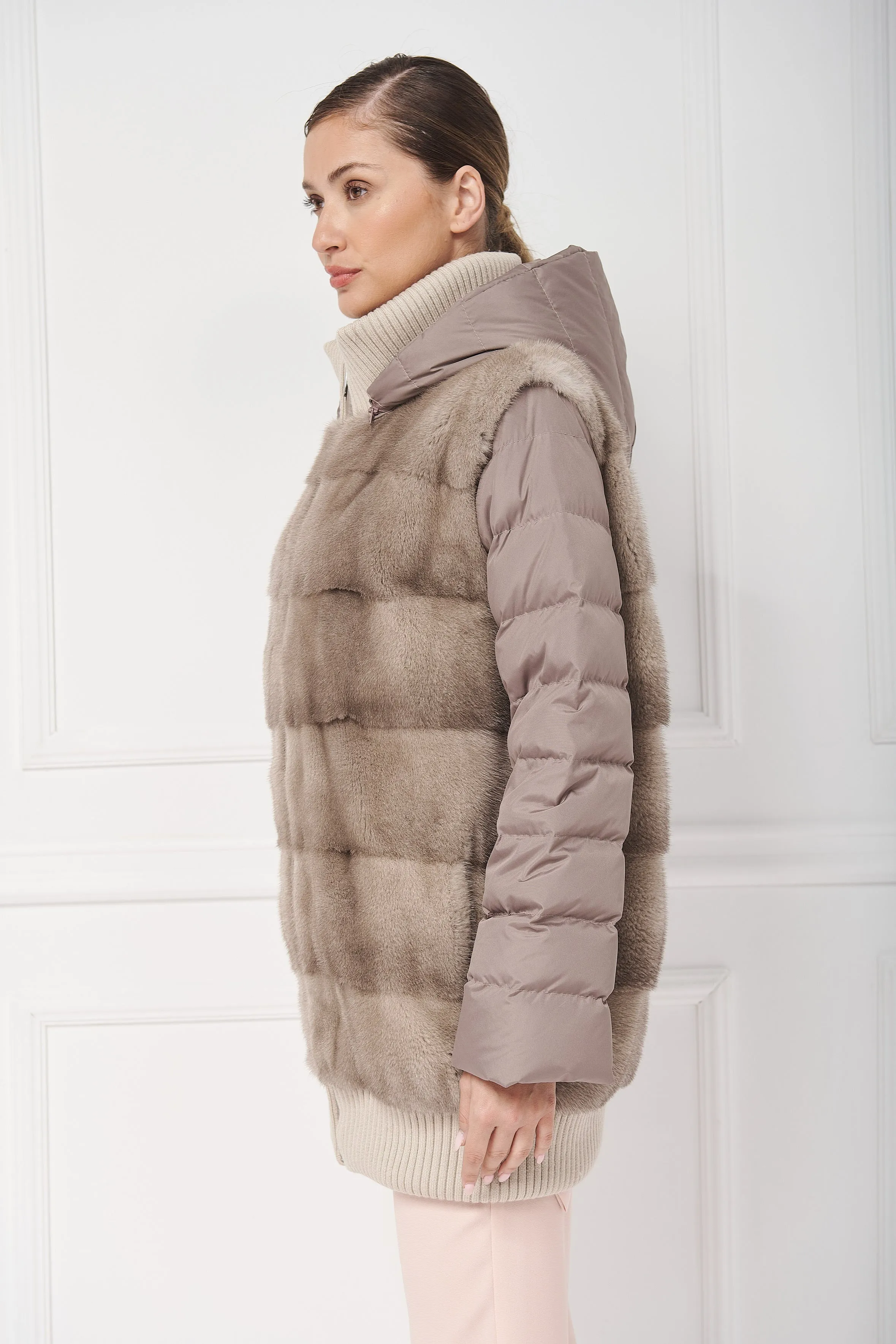 Long down bomber jacket with mink