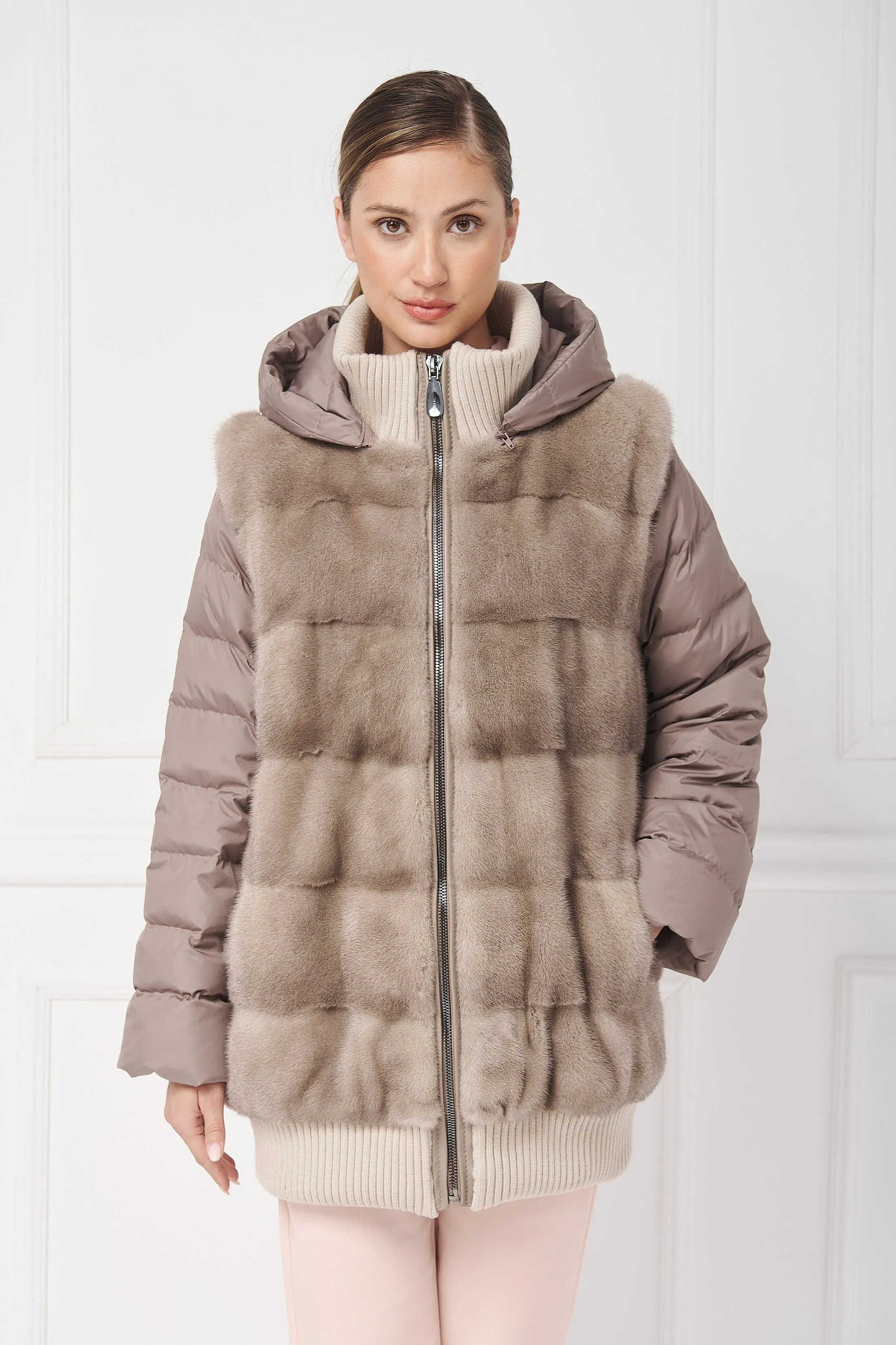 Long down bomber jacket with mink