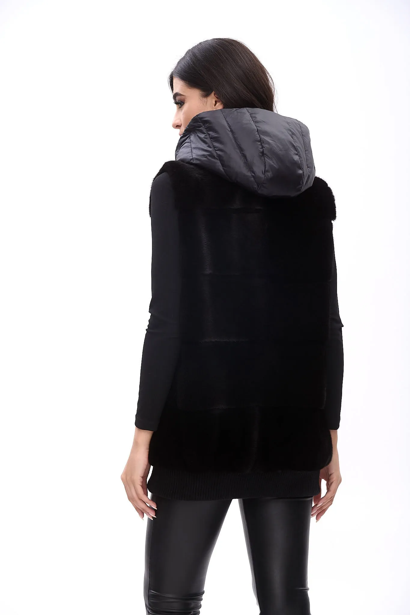 Long down bomber jacket with mink