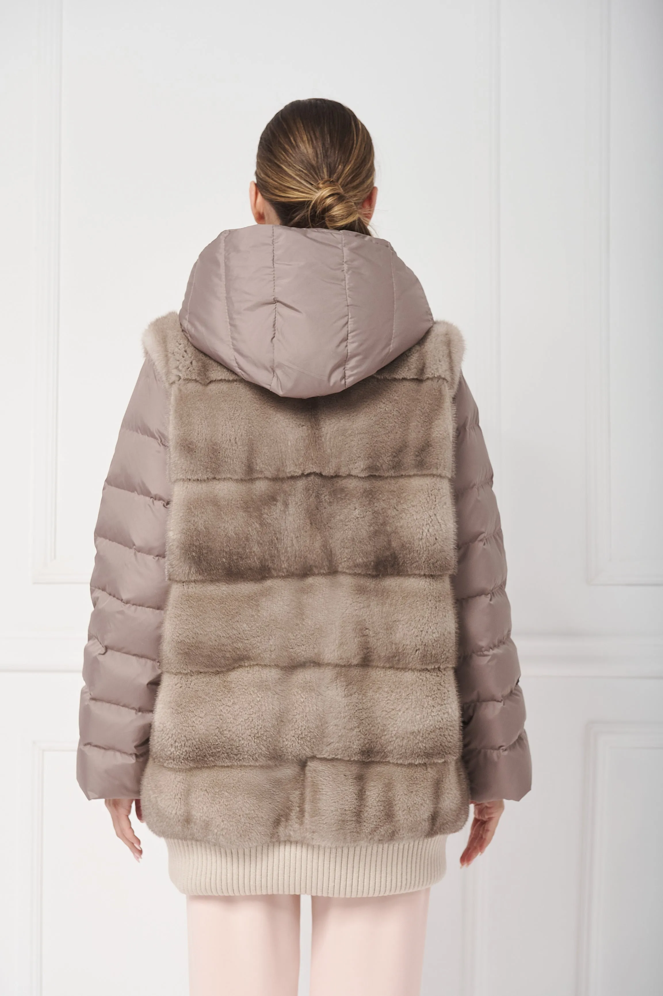 Long down bomber jacket with mink