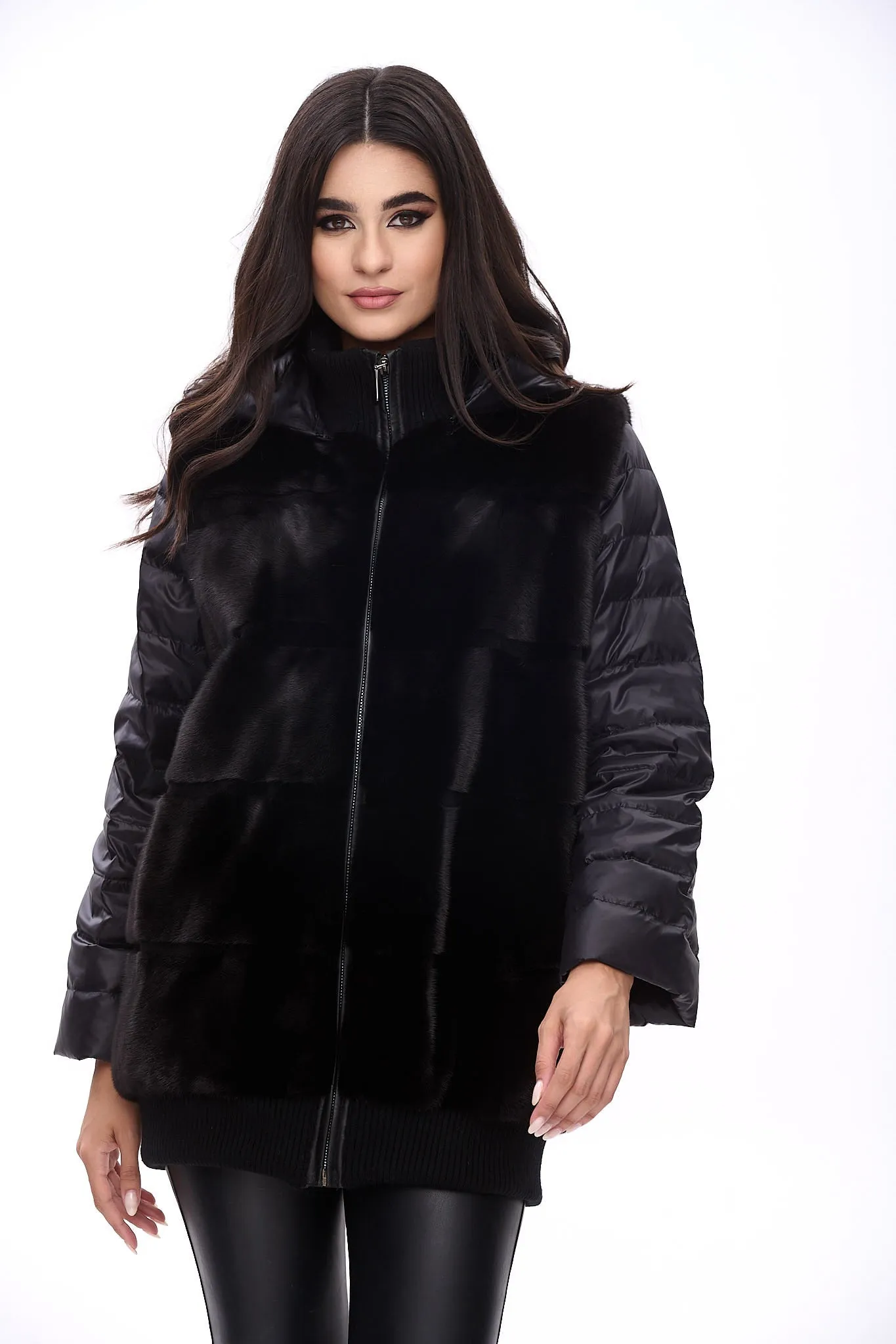 Long down bomber jacket with mink