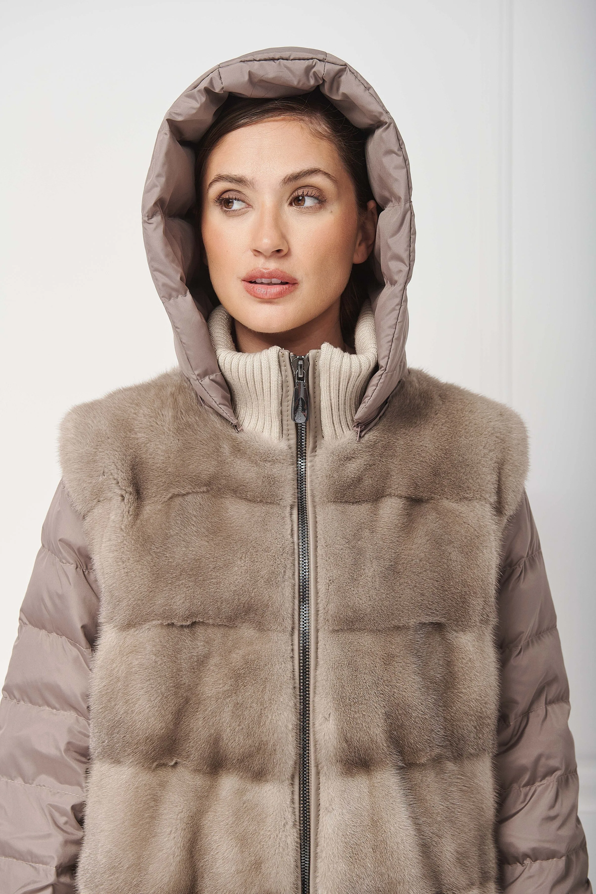 Long down bomber jacket with mink