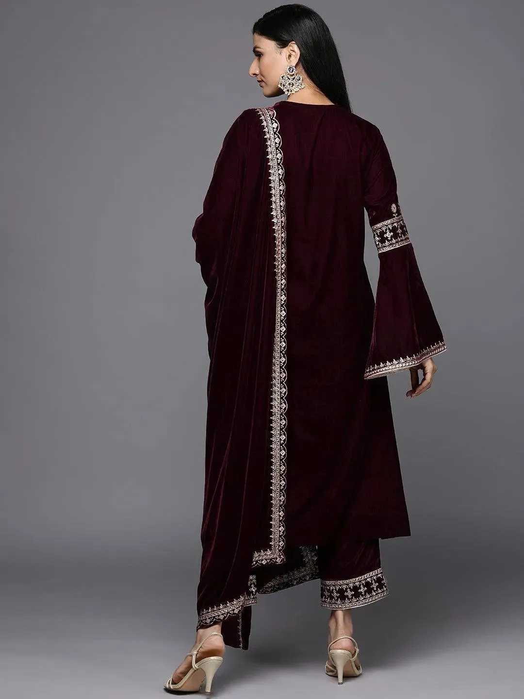 Maroon Embroidered Velvet A-Line Kurta With Trousers & Dupatta