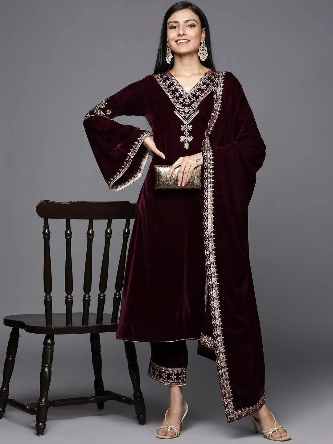 Maroon Embroidered Velvet A-Line Kurta With Trousers & Dupatta
