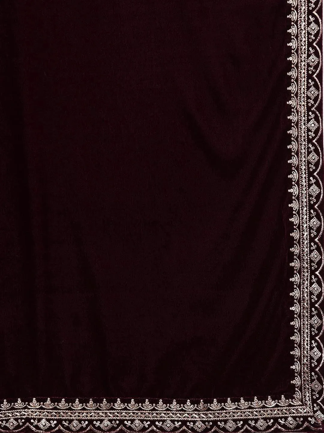 Maroon Embroidered Velvet A-Line Kurta With Trousers & Dupatta