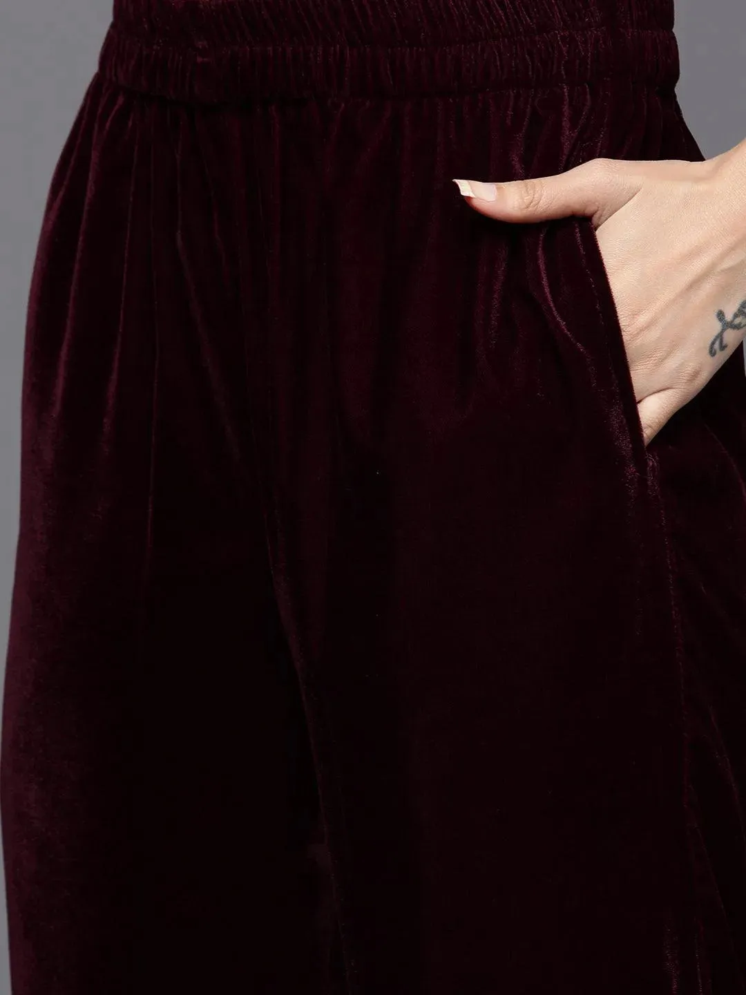 Maroon Embroidered Velvet A-Line Kurta With Trousers & Dupatta
