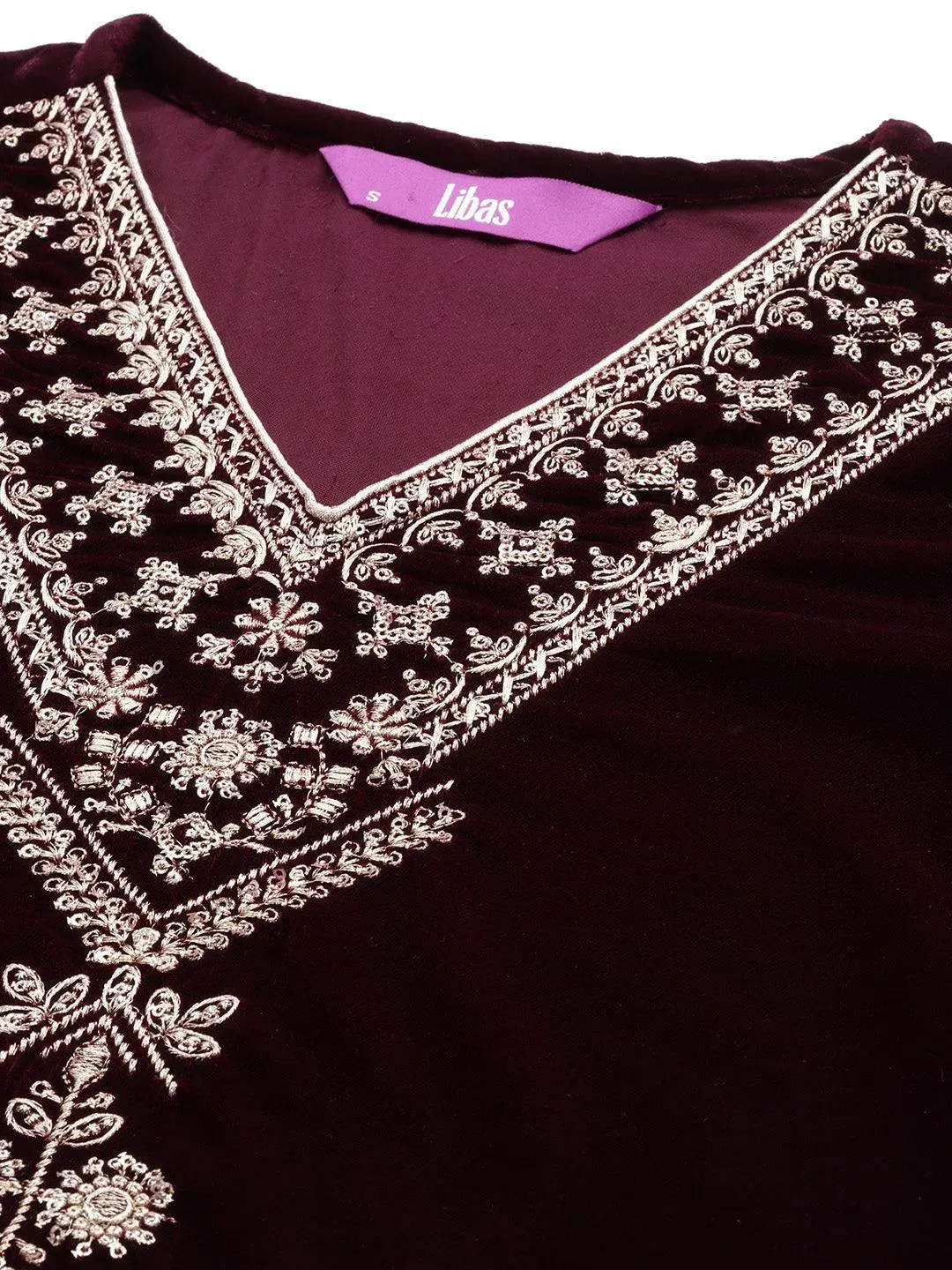 Maroon Embroidered Velvet A-Line Kurta With Trousers & Dupatta