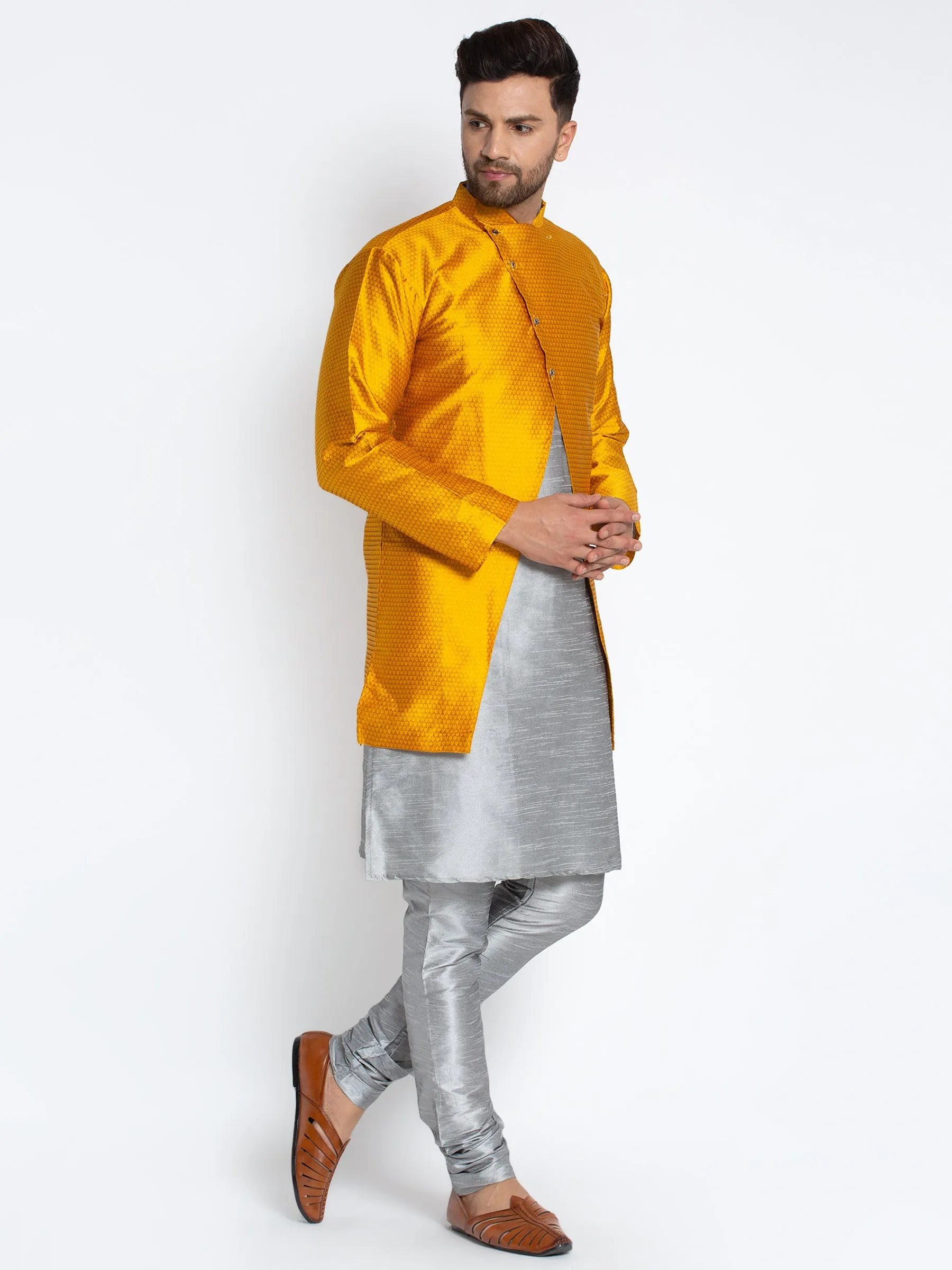 Men's Grey Kurta With Pyjama & Mustard Self Design Jacket - Benstoke