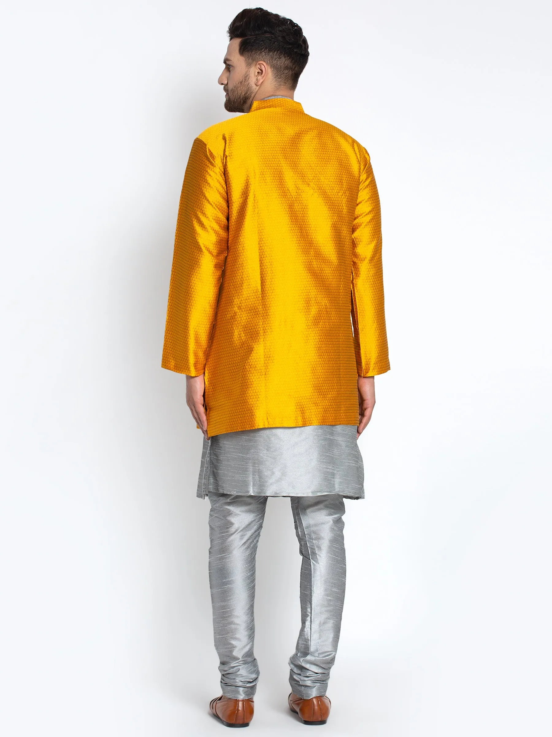 Men's Grey Kurta With Pyjama & Mustard Self Design Jacket - Benstoke