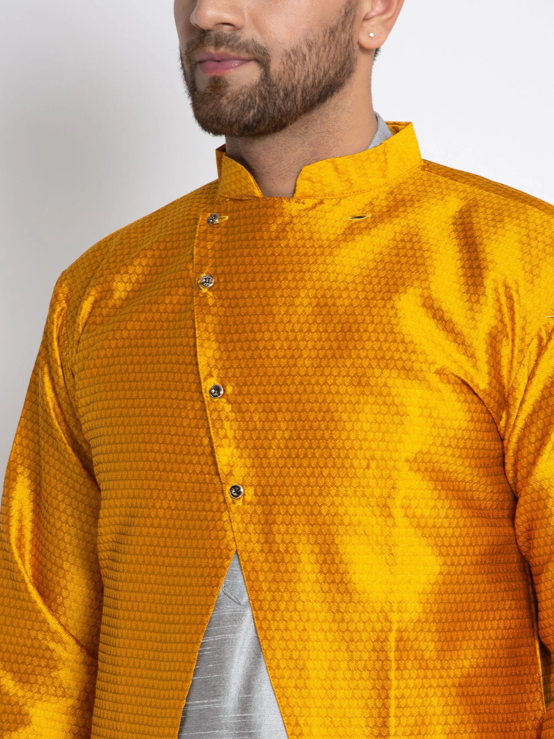 Men's Grey Kurta With Pyjama & Mustard Self Design Jacket - Benstoke