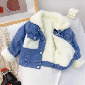 Mqtime 2-6 Years OId Thick Warm Kids Boys Girls Denim Coat Velvet Fur Jackets Outerwear New Autumn Winter Children Overcoat