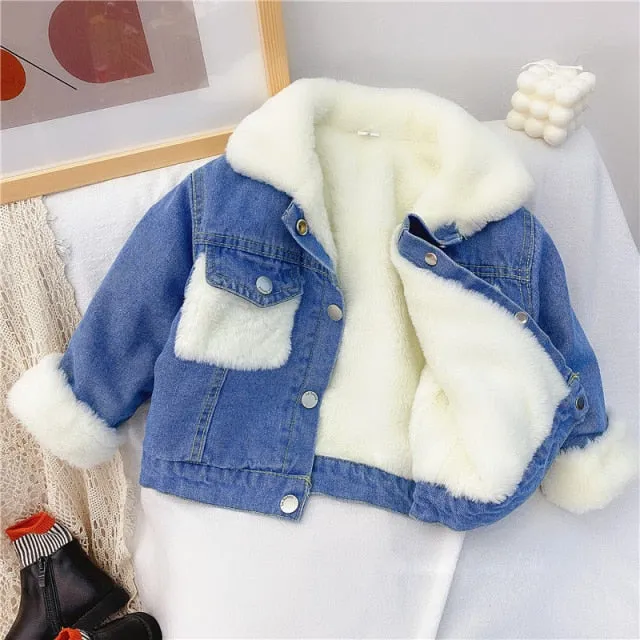Mqtime 2-6 Years OId Thick Warm Kids Boys Girls Denim Coat Velvet Fur Jackets Outerwear New Autumn Winter Children Overcoat