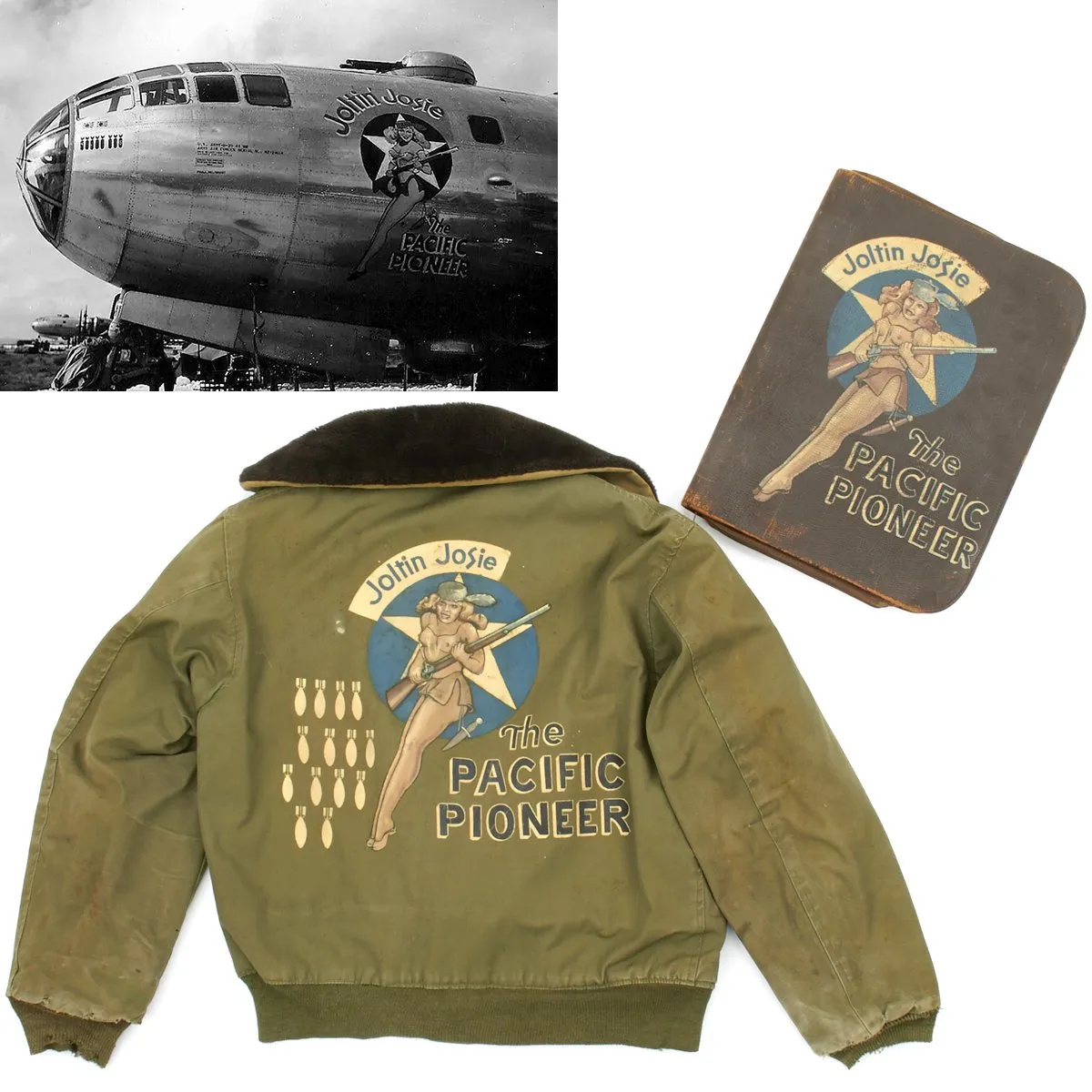 Original U.S. WWII B-29 Bomber Joltin Josie the Pacific Pioneer Painted B-15 Jacket and Navigator Case