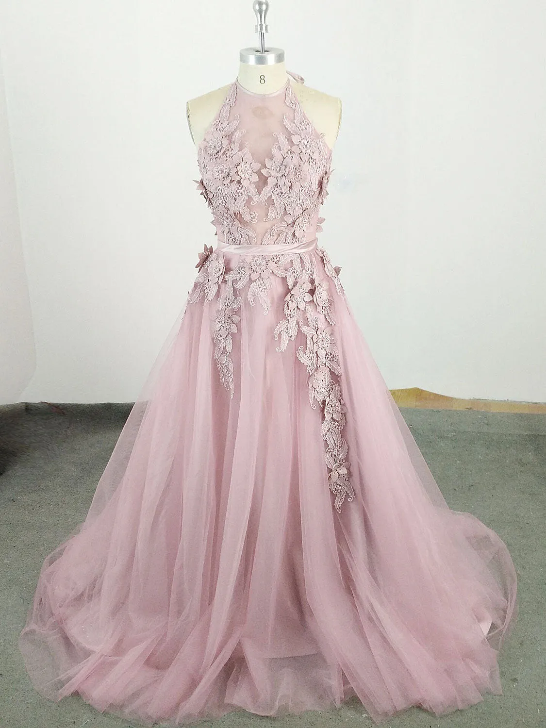 Pink High Neck Tulle Lace Applique Long Prom Dress Pink Evening Dress
