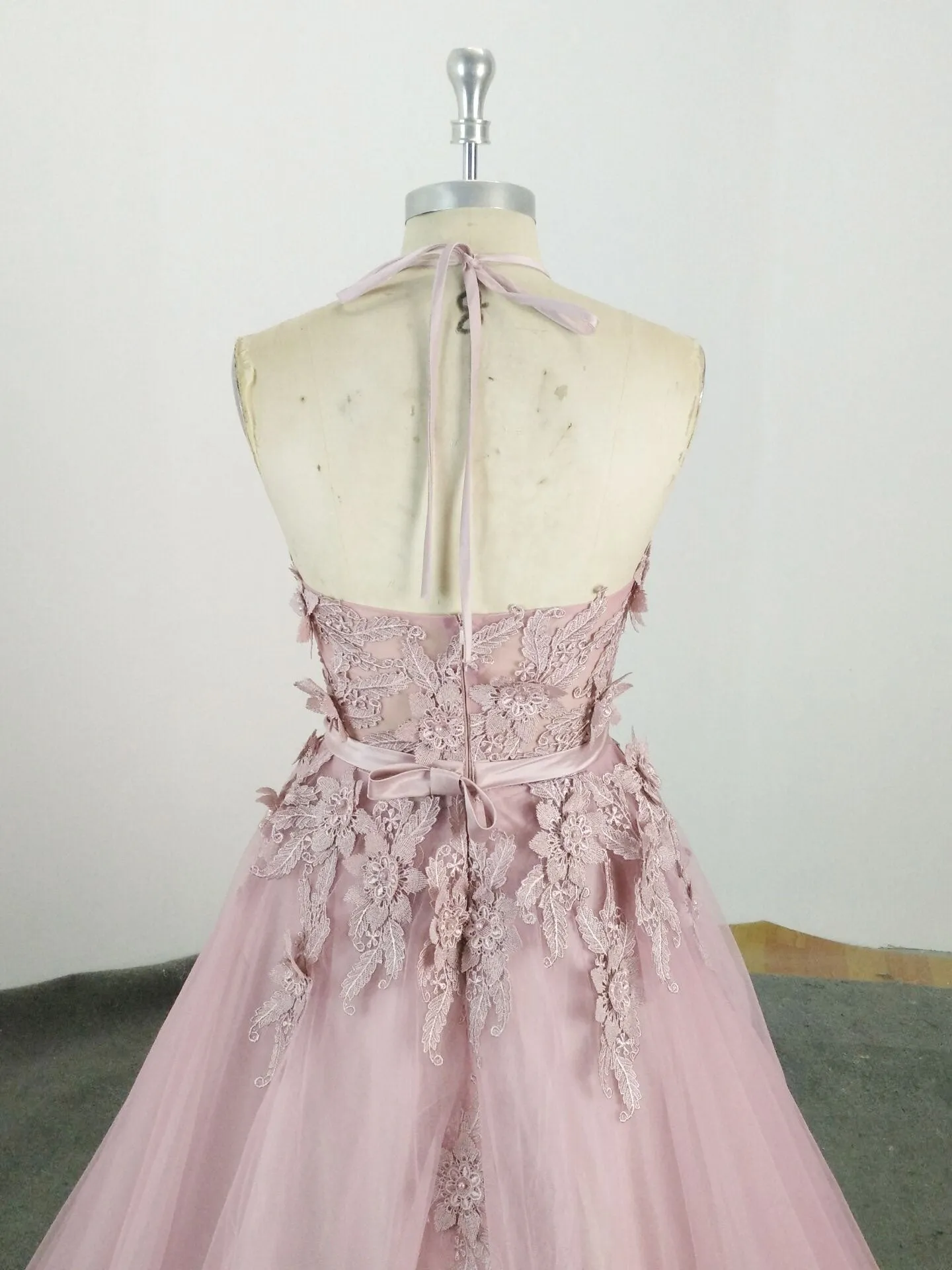 Pink High Neck Tulle Lace Applique Long Prom Dress Pink Evening Dress