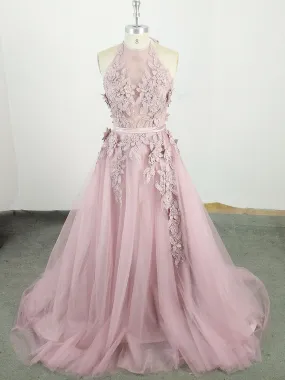 Pink High Neck Tulle Lace Applique Long Prom Dress Pink Evening Dress
