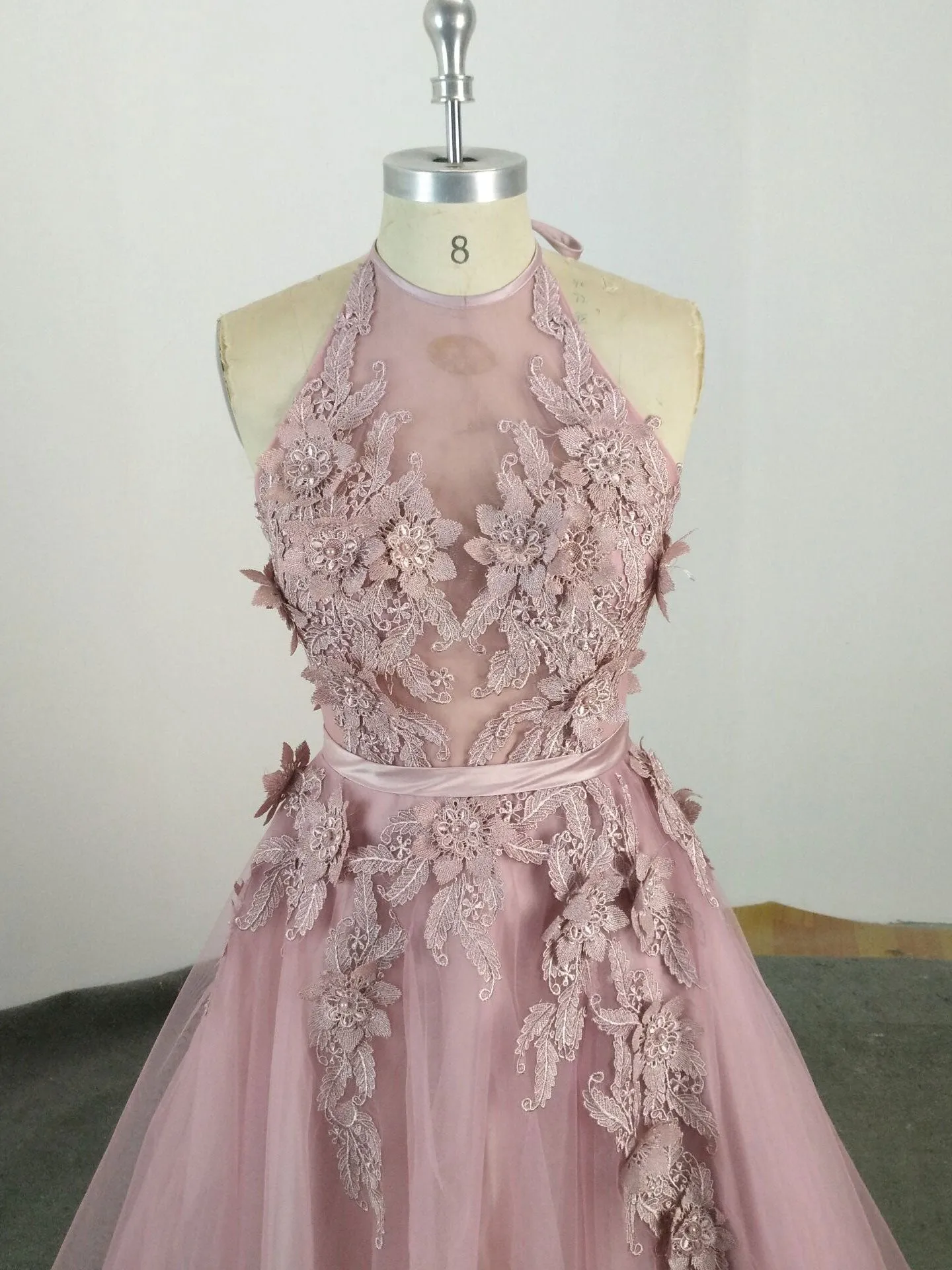 Pink High Neck Tulle Lace Applique Long Prom Dress Pink Evening Dress