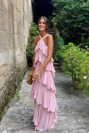 Pink Prom Dress,A Line StrapsProm Dress Tiered Chiffon Floor Length Long Formal Evening Dresses