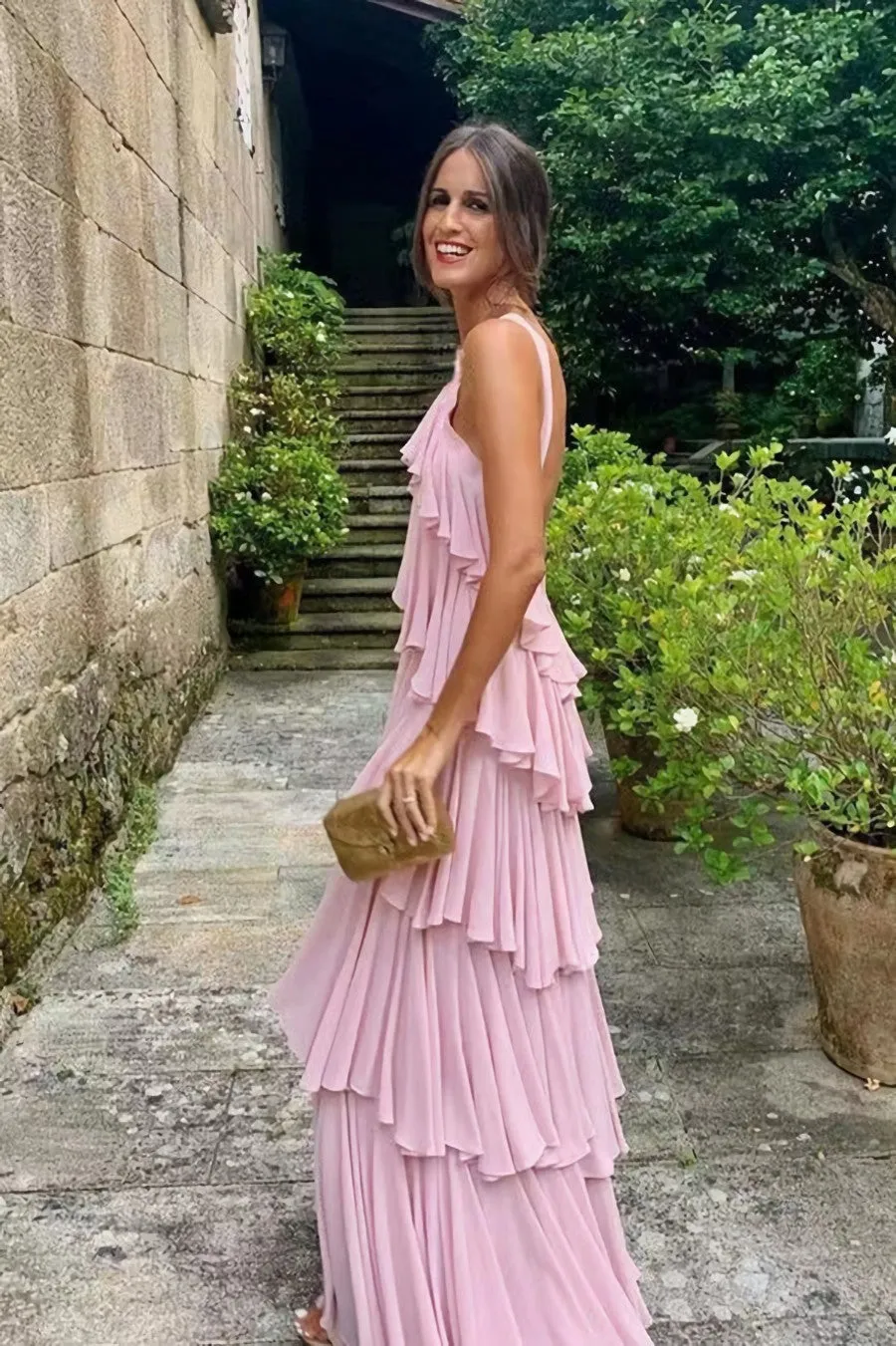 Pink Prom Dress,A Line StrapsProm Dress Tiered Chiffon Floor Length Long Formal Evening Dresses