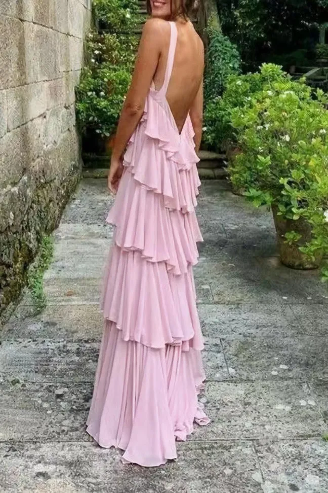 Pink Prom Dress,A Line StrapsProm Dress Tiered Chiffon Floor Length Long Formal Evening Dresses