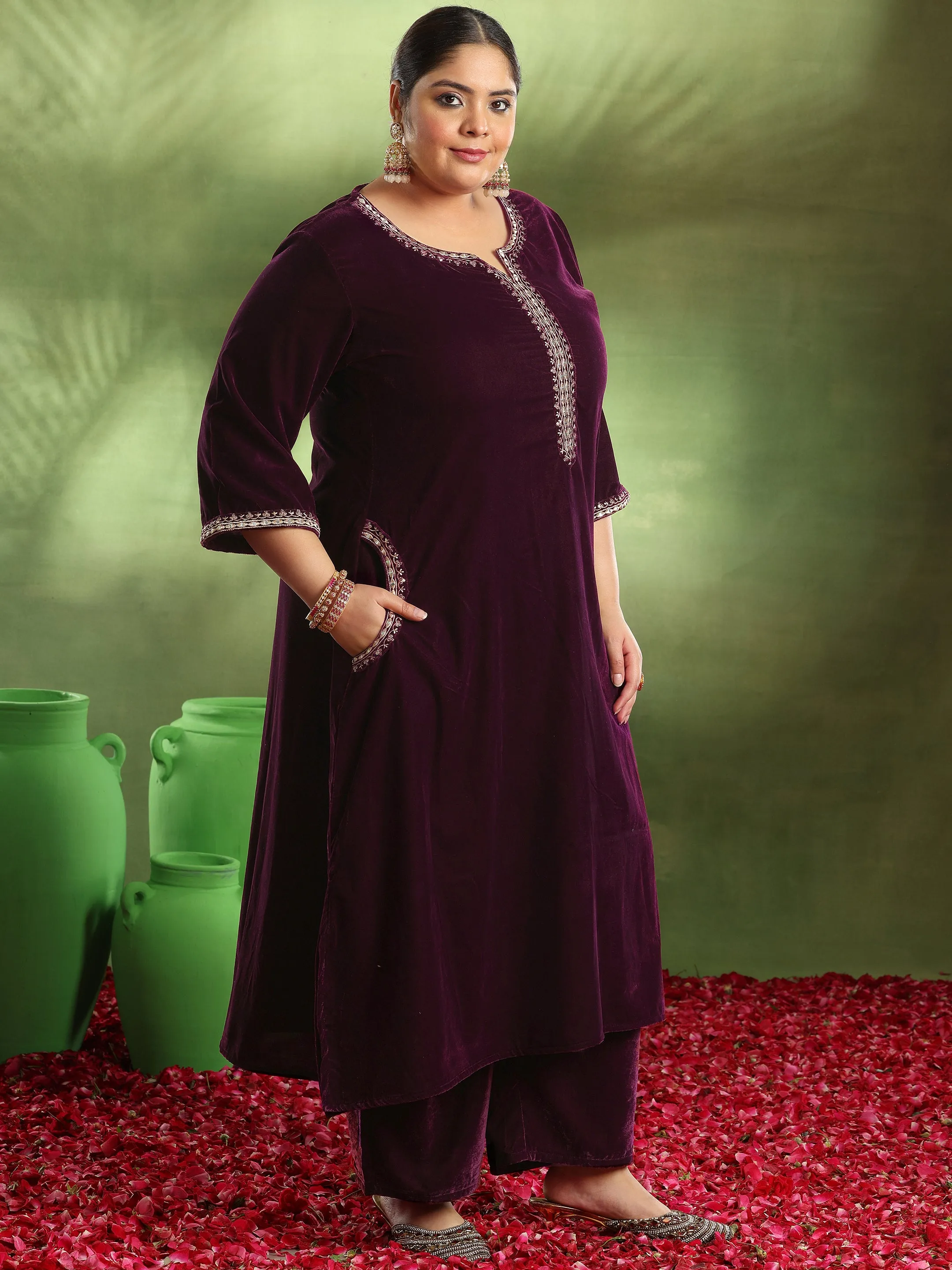 Plus Size Burgundy Yoke Design Velvet Suit With Dupatta