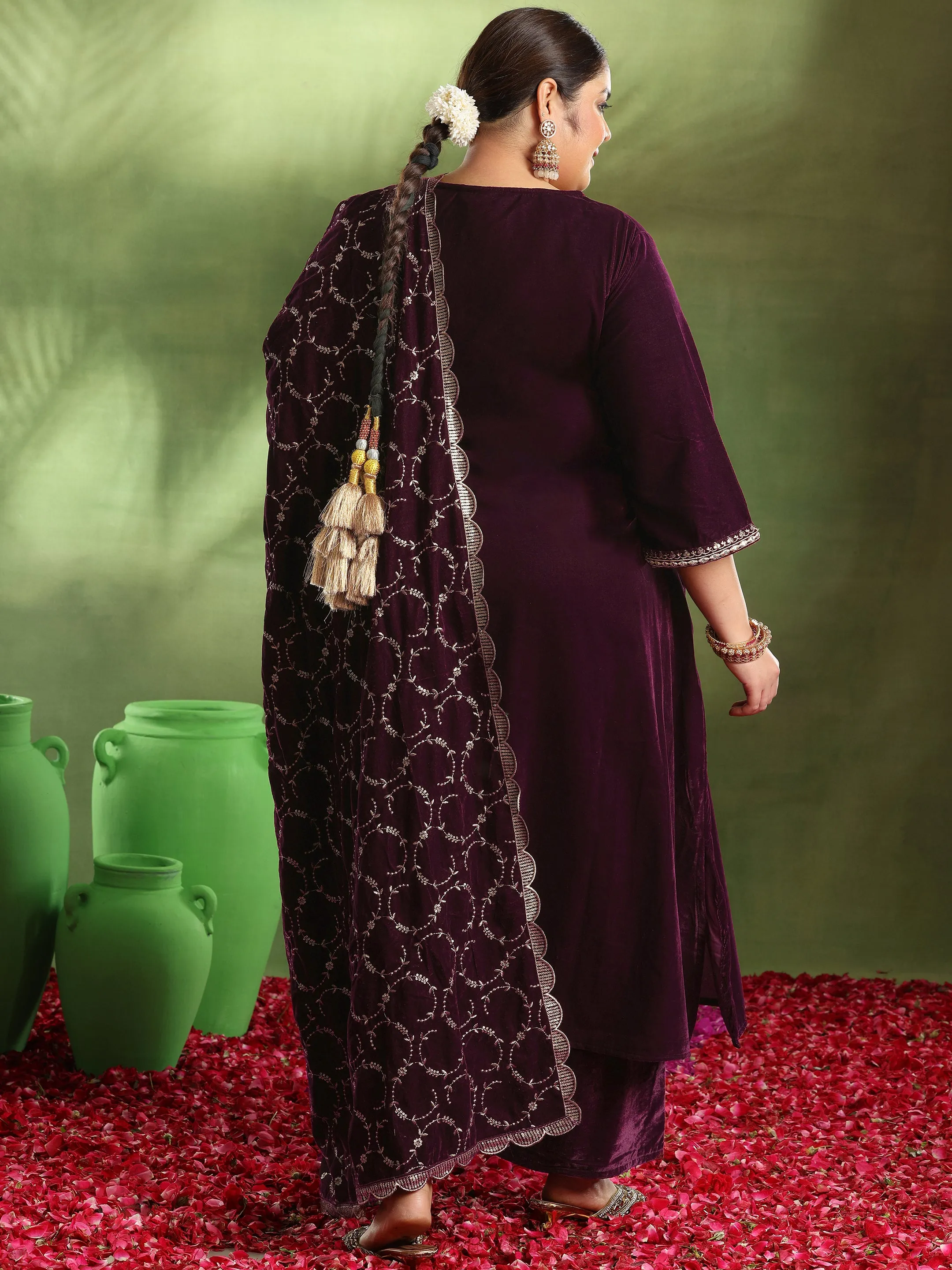 Plus Size Burgundy Yoke Design Velvet Suit With Dupatta