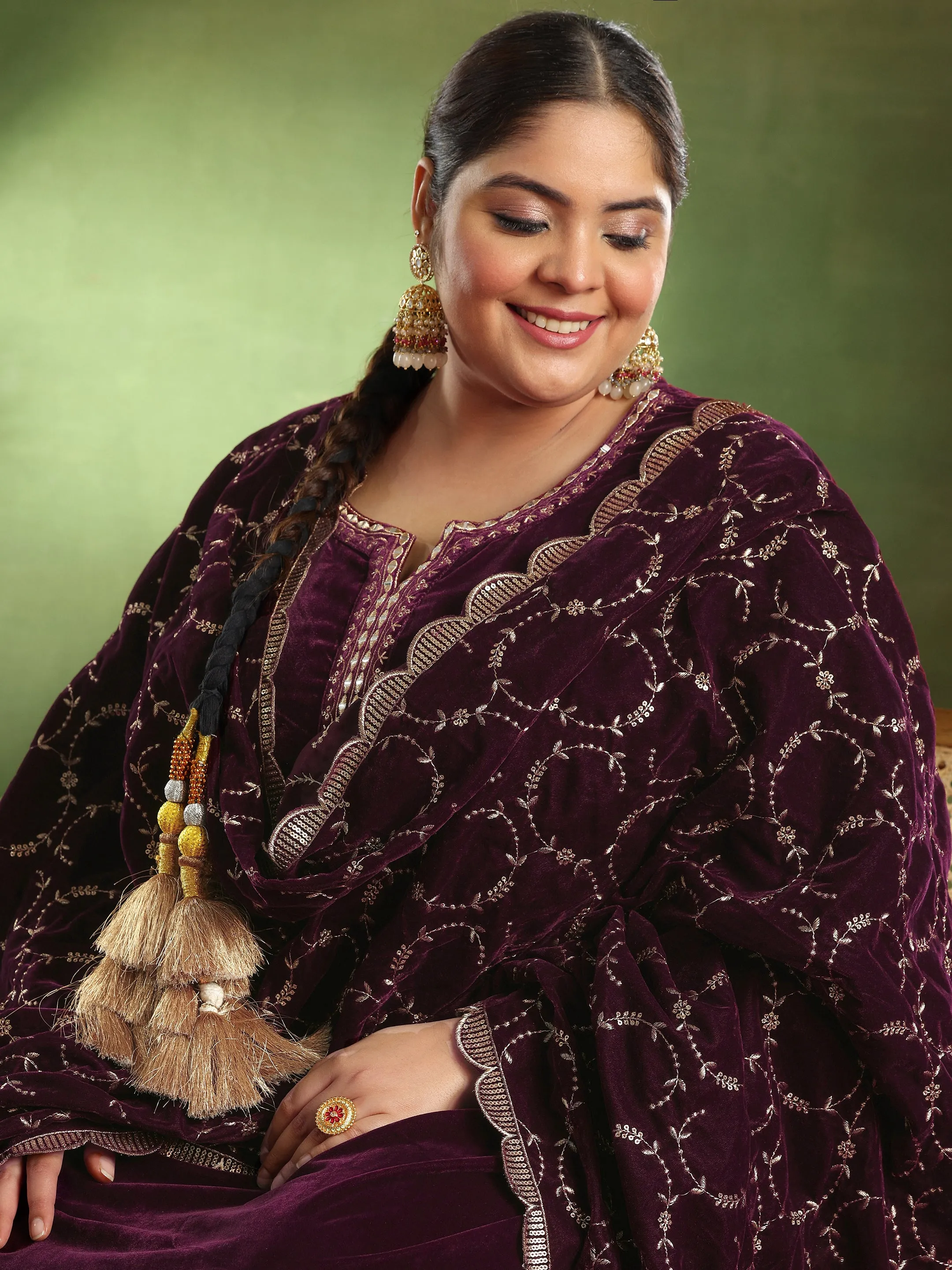 Plus Size Burgundy Yoke Design Velvet Suit With Dupatta