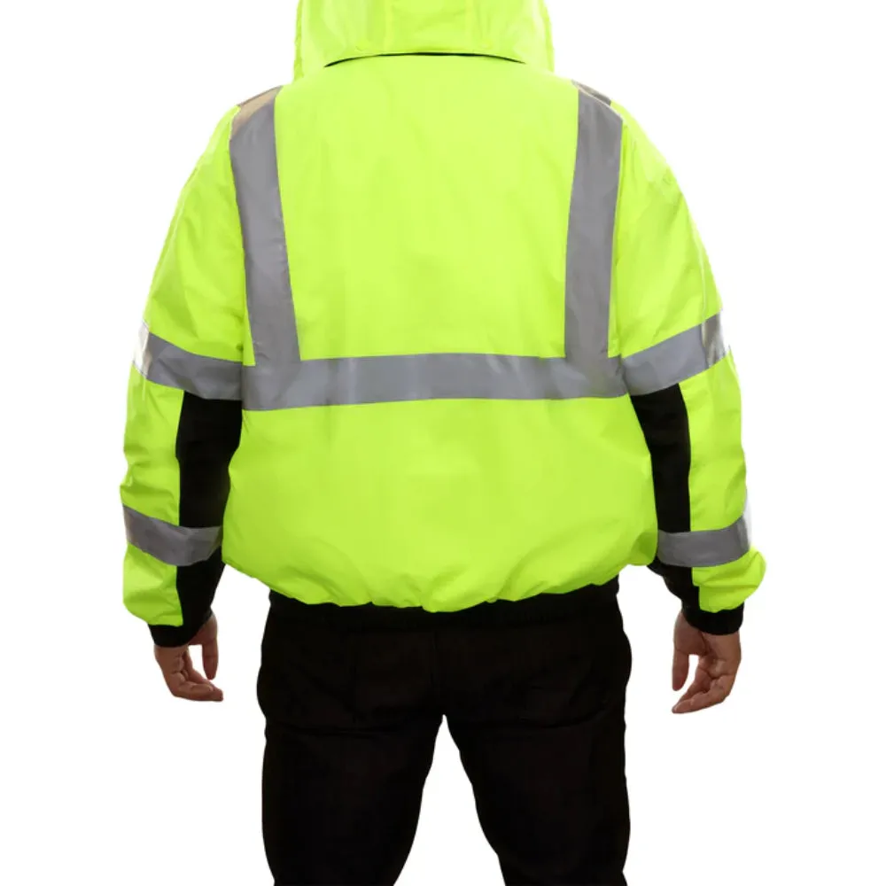 Reflective Apparel® Hi-Vis Breathable Waterproof 2-Tone Hooded Bomber Rain Jacket - ANSI Class 3 - 411ST