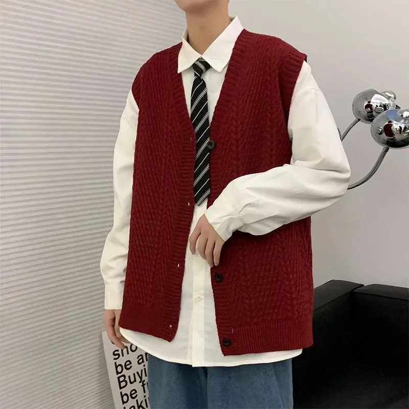 Riolio Sweater Vest Men Design Button Up Clothing Sleeveless Casual All-match Teens High Street Harajuku Knitwear Ins Handsome Popular