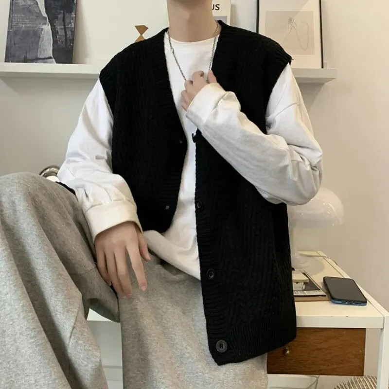 Riolio Sweater Vest Men Design Button Up Clothing Sleeveless Casual All-match Teens High Street Harajuku Knitwear Ins Handsome Popular