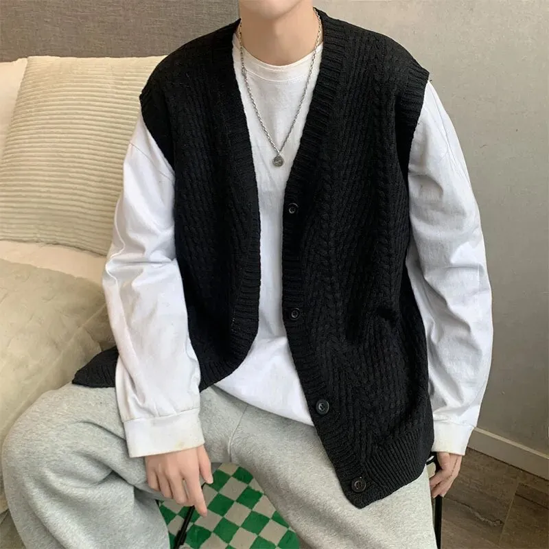 Riolio Sweater Vest Men Design Button Up Clothing Sleeveless Casual All-match Teens High Street Harajuku Knitwear Ins Handsome Popular
