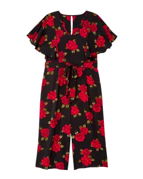 Rose Tie-Waist Cropped Jumpsuit | Black / Red