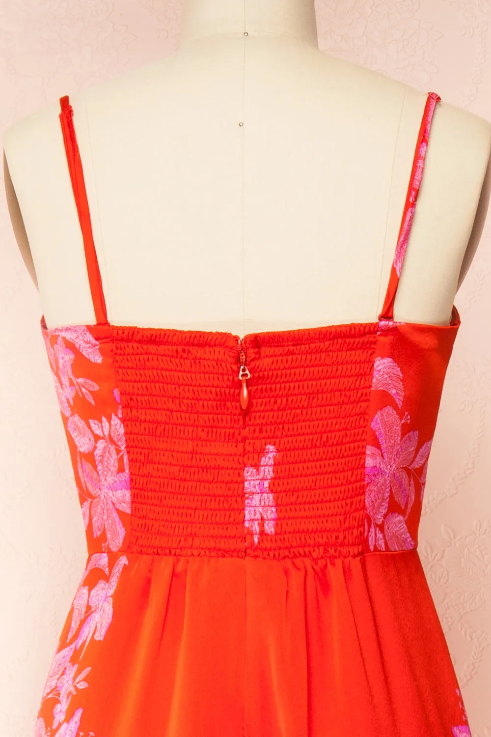 Sherry | Red Floral Satin Jumpsuit w/ Slits