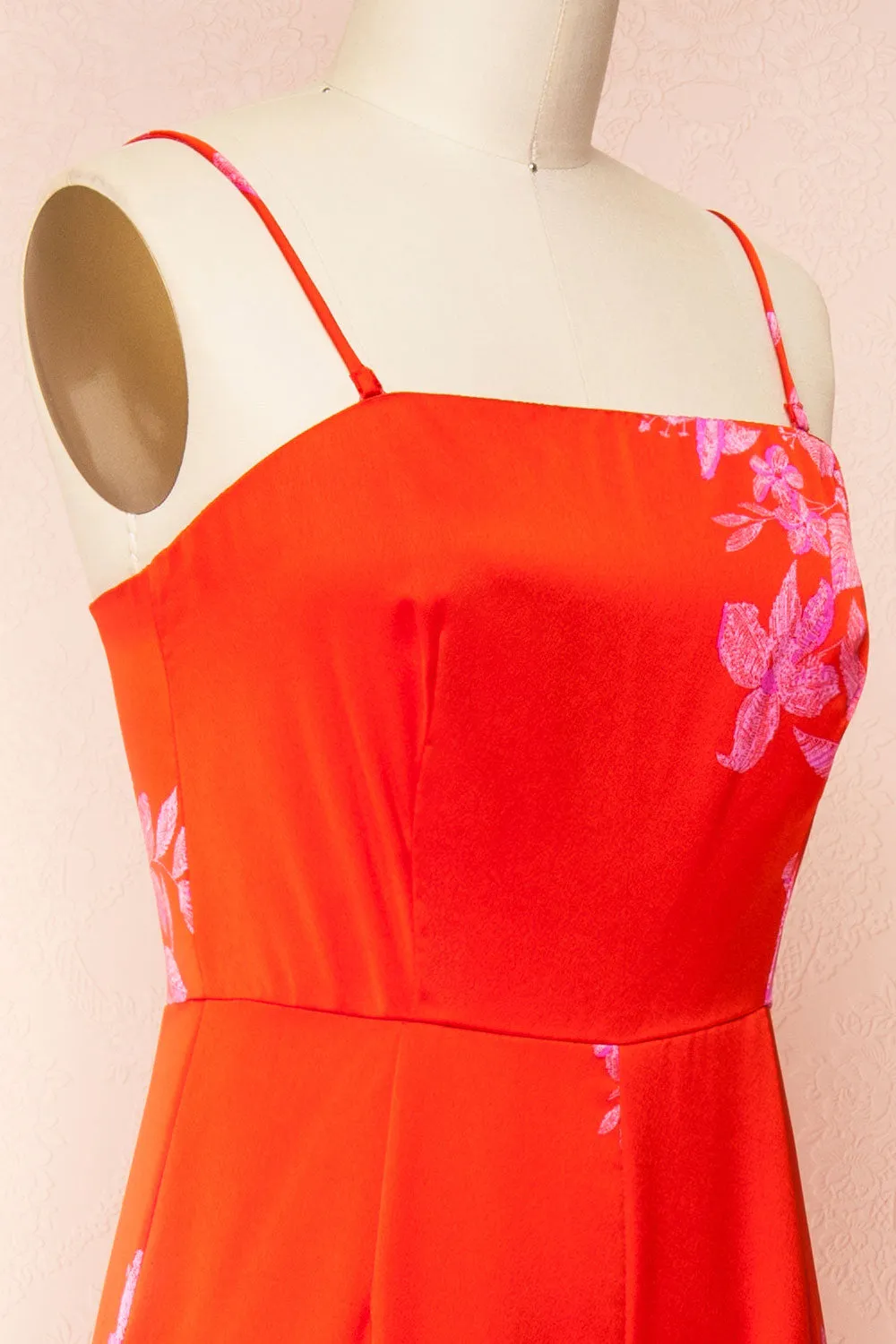 Sherry | Red Floral Satin Jumpsuit w/ Slits