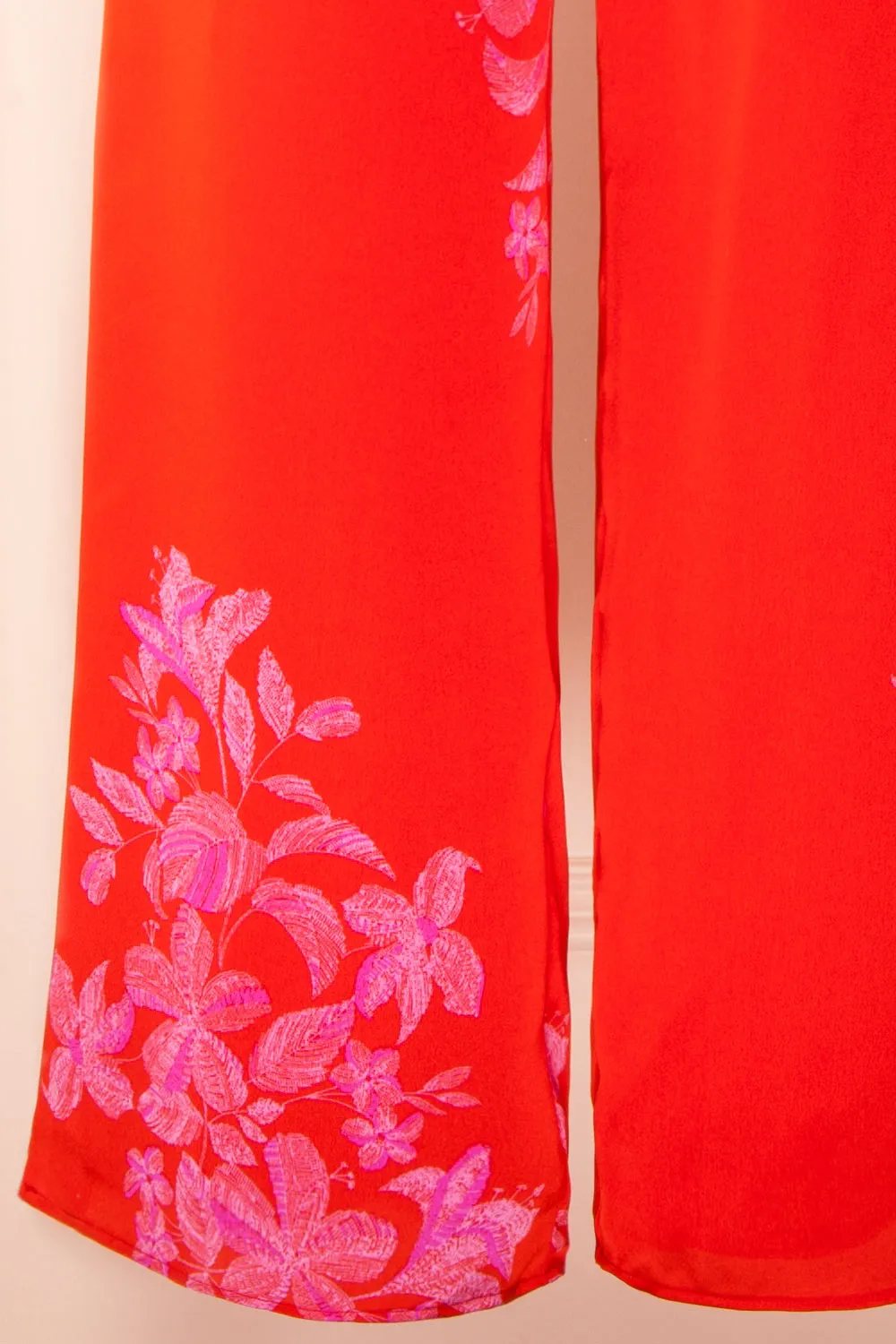 Sherry | Red Floral Satin Jumpsuit w/ Slits