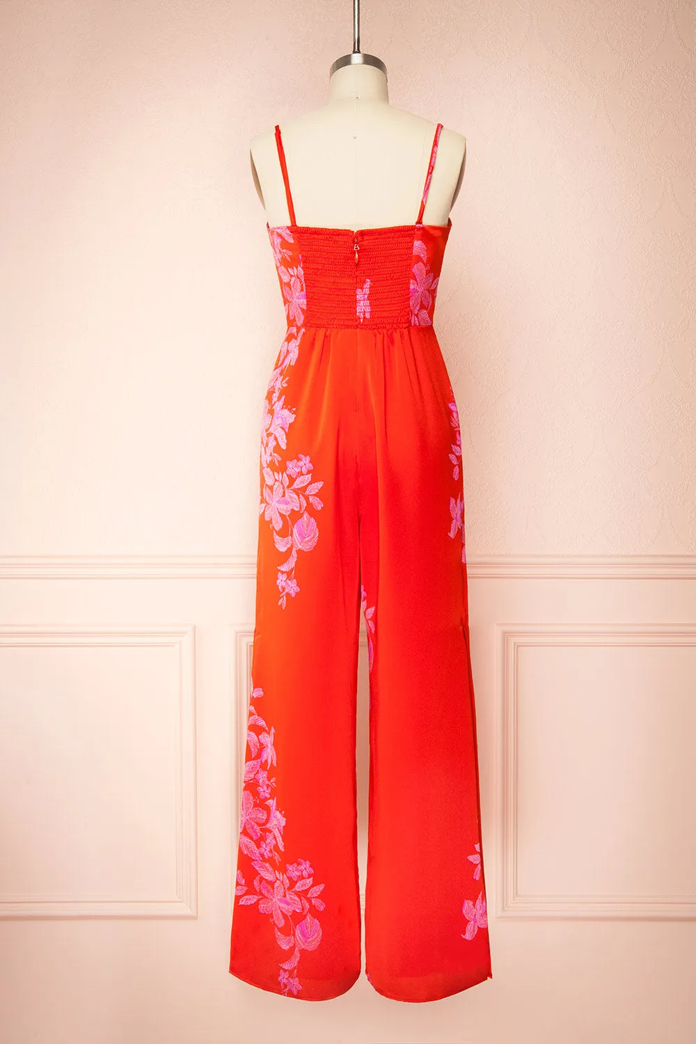 Sherry | Red Floral Satin Jumpsuit w/ Slits
