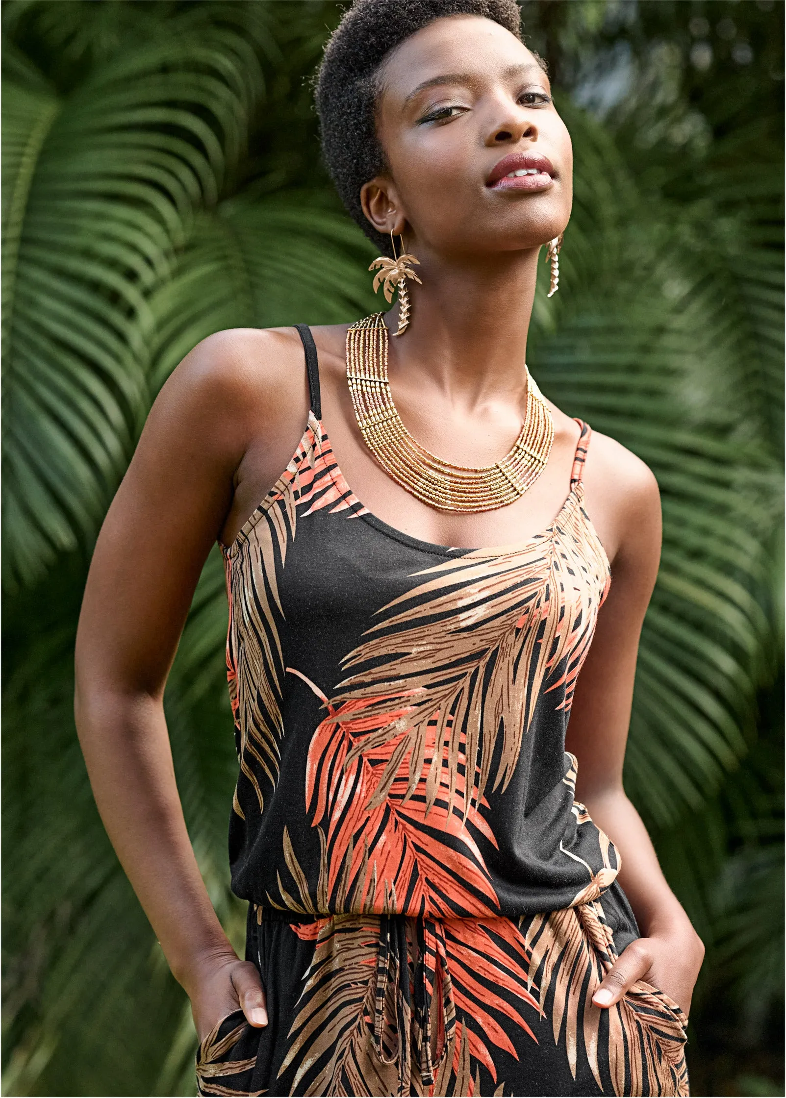 Slit Detail Jumpsuit - Black Multi