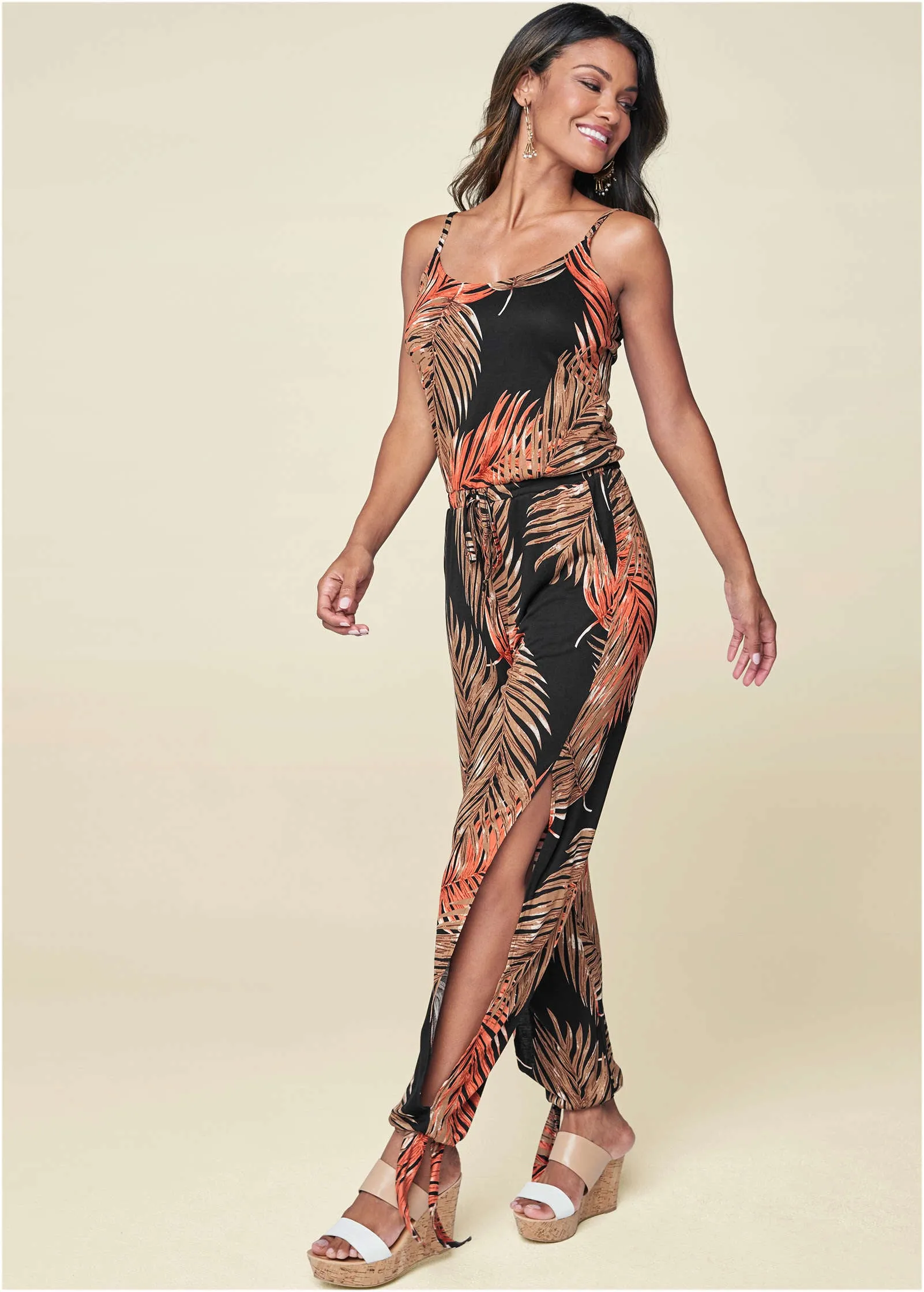 Slit Detail Jumpsuit - Black Multi