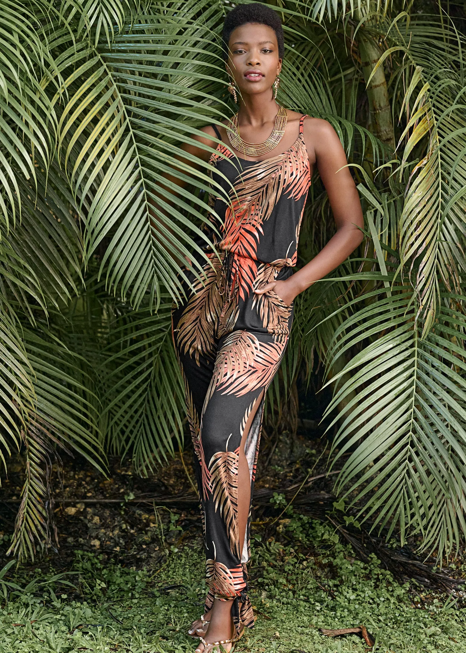 Slit Detail Jumpsuit - Black Multi