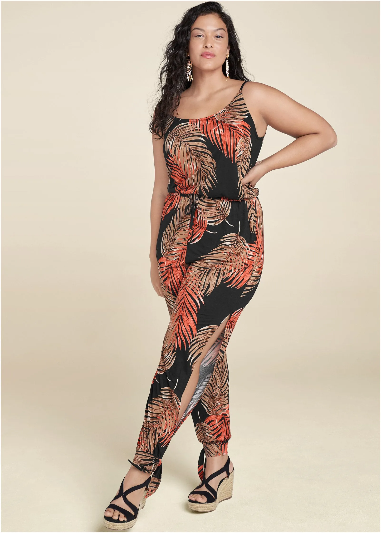 Slit Detail Jumpsuit - Black Multi